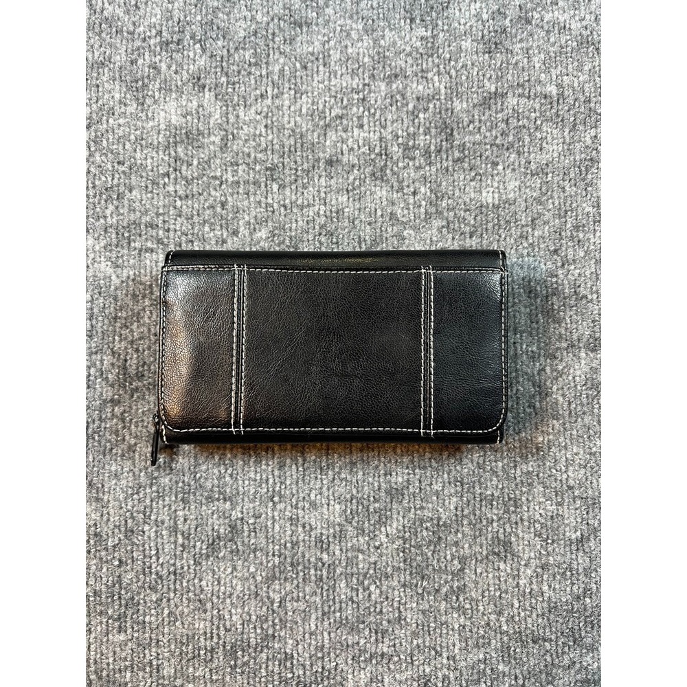 Vintage Black Leather Wallet Classic Style Tri-Fold Zipper Calculator and Cards